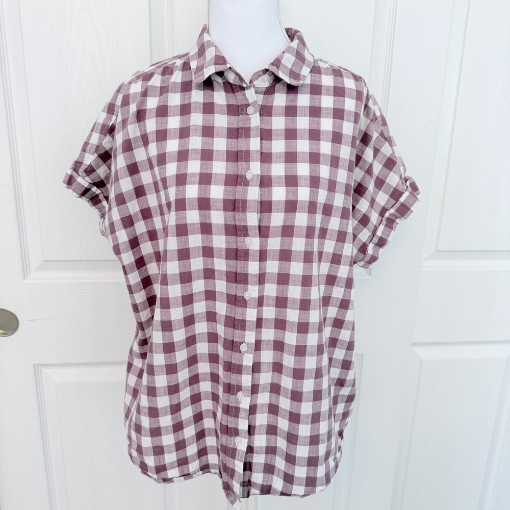Goodthreads Gingham Button Up Shirt Womens Large Purple White Short Sleeve Check